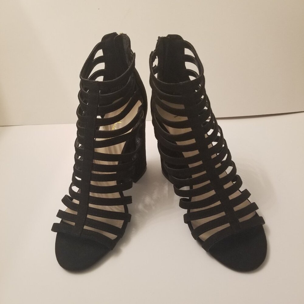 N by Nicole Miller Black Suede Open Toe Caged Block Heel size 8